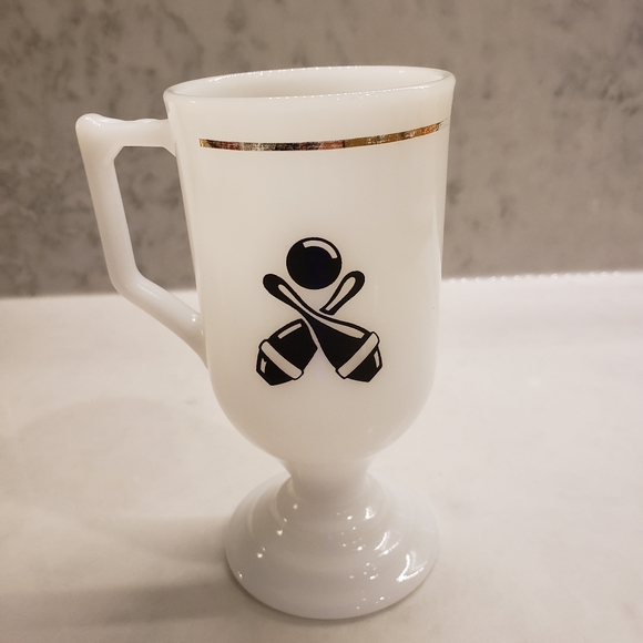 Milk Glass Pedestal Mug with D-handles and Bowling Motif with gilt banding - Picture 1 of 3